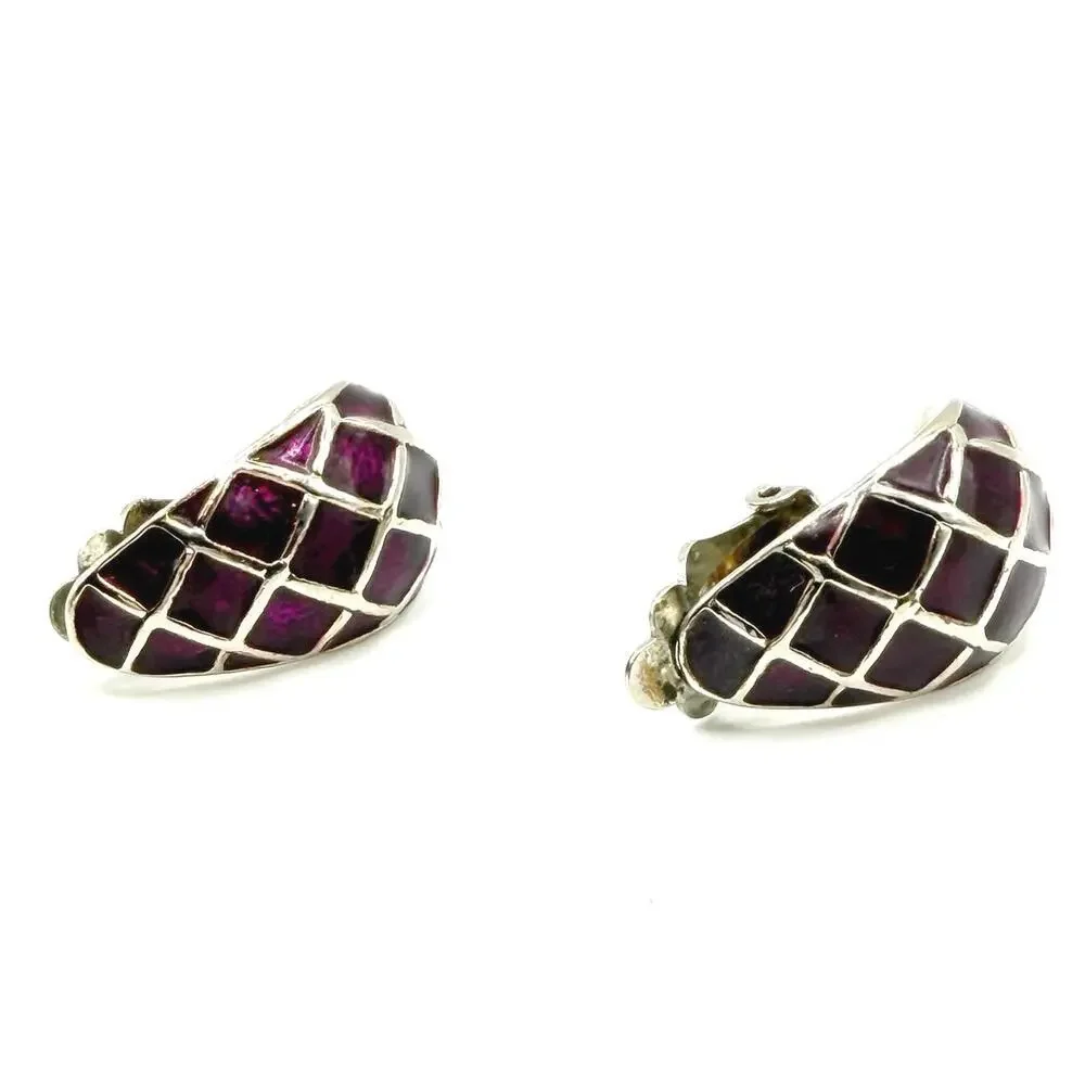 4 pc SET Silver Tone Black Cabochon Purple Clip Earrings Vintage